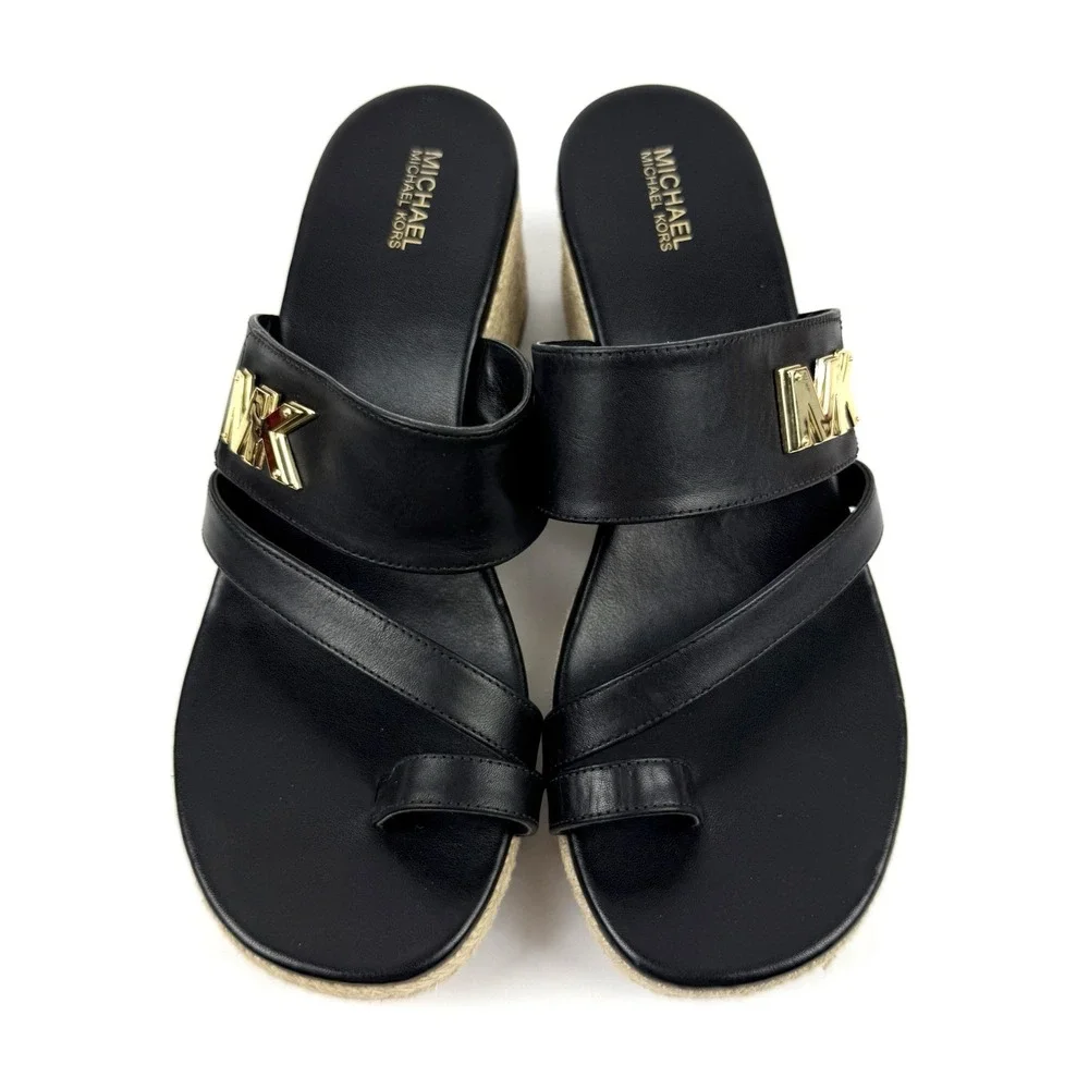 Michael Kors Jilly Espadrille Wedge 8.5 Black Leather Slip On Gold Logo Sandals